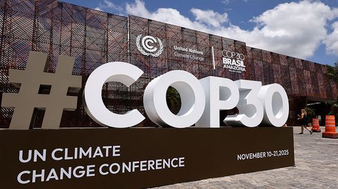 The COP30 logo is seen in front of the central building ahead of the COP30 Brazil Amazonia 2025