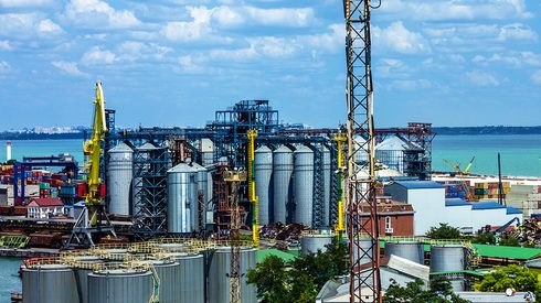 Industrial zone of Odessa sea cargo port, Ukraine, an important location for the world grain trade.