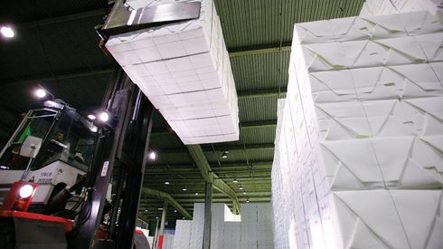 softwood pulp loaded by machines in pulp mill