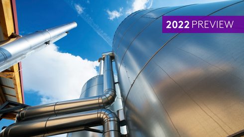 upwards view of refinery pipes